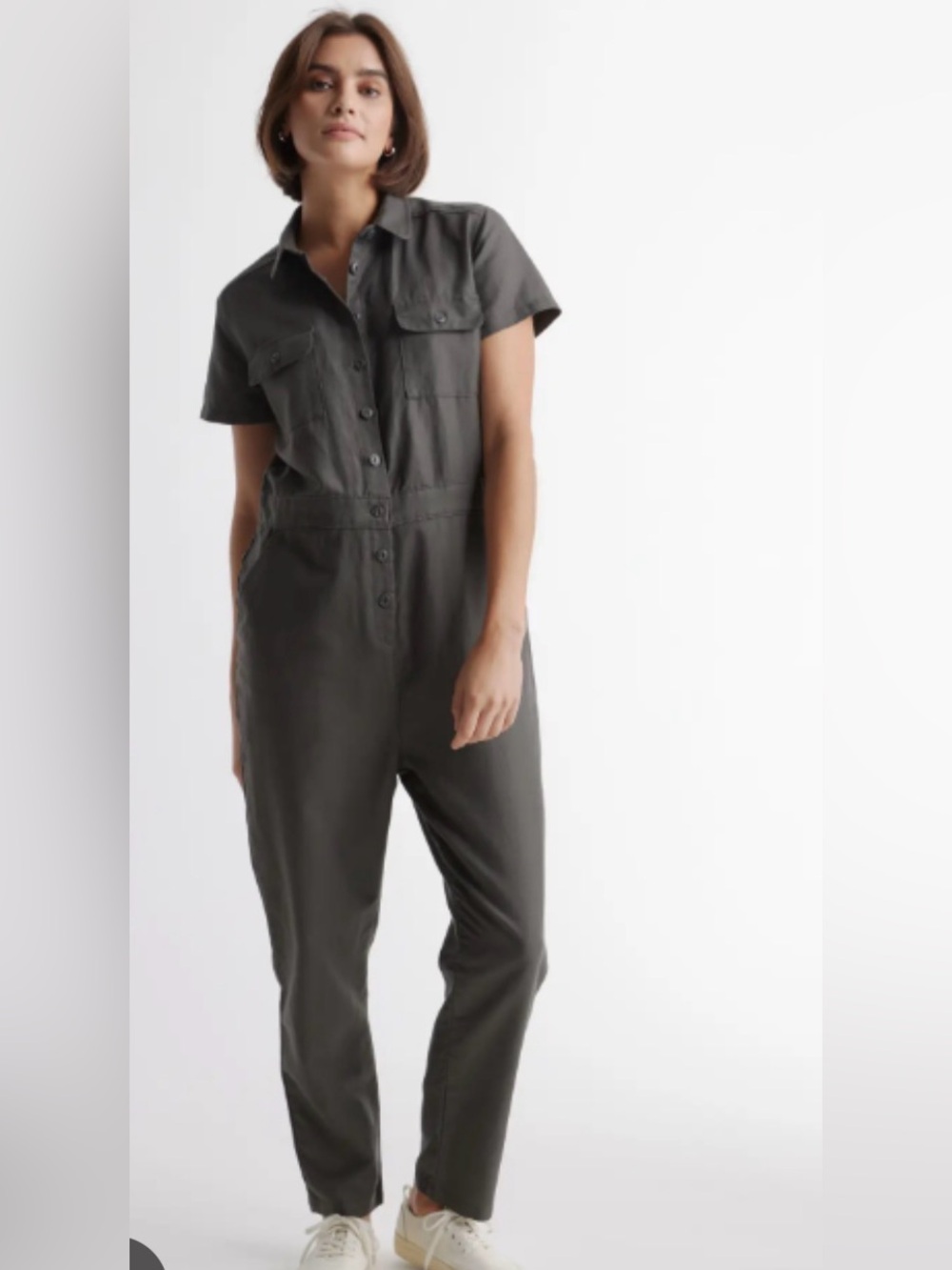 QUINCE Cotton Linen Twill Short Sleeve Coverall Jumpsuit S Charcoal Grey